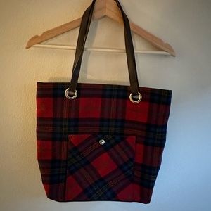 Plaid tote with faux leather straps